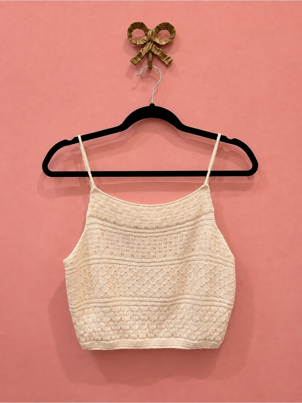 Cream Textured Knit Cropped Tank Top